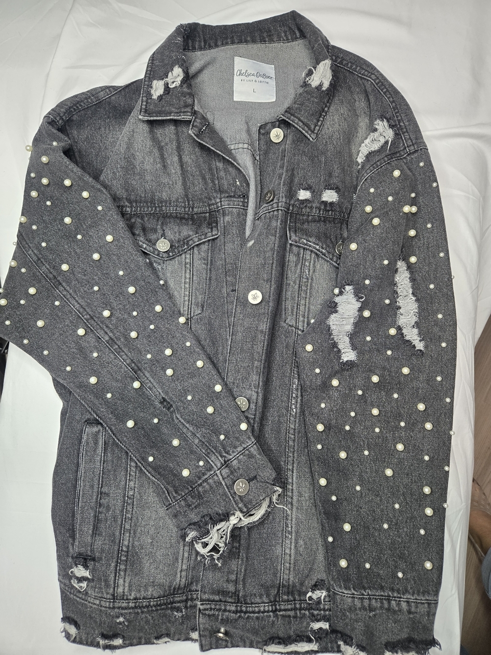 Chelsea Deboer By Lily And Lottie Black Distressed Pearl-Studded Denim Jacket